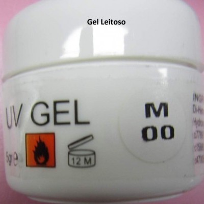 Frasco branco de gel UV com tampa branca e etiquetas visíveis