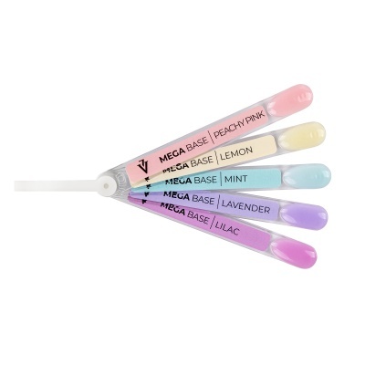 Amostras de verniz para unhas em cinco cores pastel com texto MEGA BASE e nomes das cores