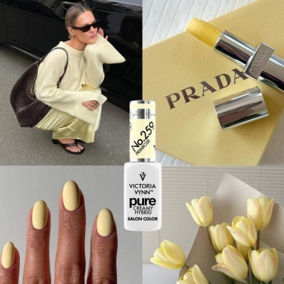 Montagem com mulher, batom PRADA amarelo, esmalte Victoria Vynn amarelo e tulipas amarelas.
