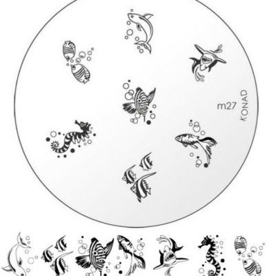 Prato metálico para carimbos de unhas com desenhos de peixes e cavalo-marinho