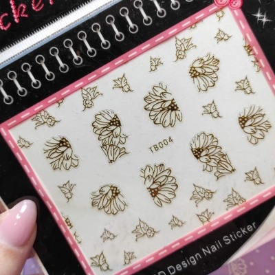 Autocolantes para unhas com padrão floral dourado e código TB004