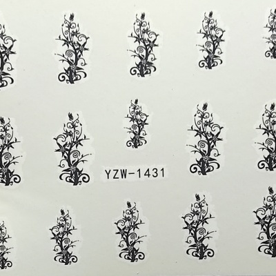 Folha branca com pequenas figuras florais negras e etiqueta YZW-1431