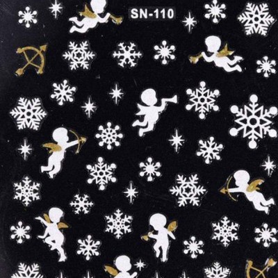 Cartolina preta com anjos brancos e asas douradas e flocos de neve brancos