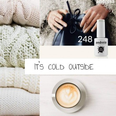 Colagem com camisolas de malha, bolsa preta, verniz de unhas gel branco e chávena de café