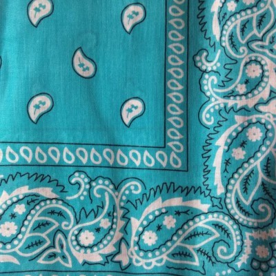 Pano azul com padrão de bandana branco com motivos decorativos