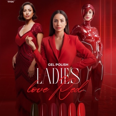 Promoção de verniz gel com seis tons vermelhos e mulheres vestidas de vermelho num fundo vermelho