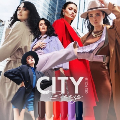 Quatro mulheres vestindo casacos e roupas coloridas em ambiente urbano com texto promocional e amostras de verniz de unhas.