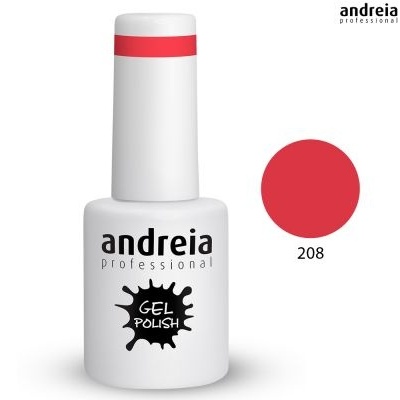 Frasco branco de verniz gel Andreia Professional com tampa e anel vermelhos e etiqueta preta.