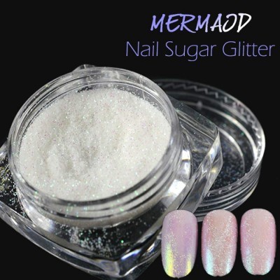 Pote de glitter branco para unhas MERMAID Nail Sugar Glitter com três unhas postiças coloridas