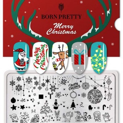 Placa de carimbos para unhas de Natal da BORN PRETTY com amostras de unhas decoradas
