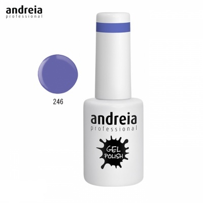 Frasco branco de verniz gel para unhas da marca andreia professional com tampa branca e faixa roxa
