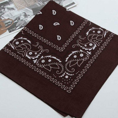 Lenço castanho com padrão branco paisley dobrado sobre superfície branca