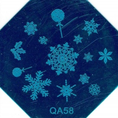 Placa para carimbos de unhas azul com desenhos de flocos de neve e flores e texto QA58
