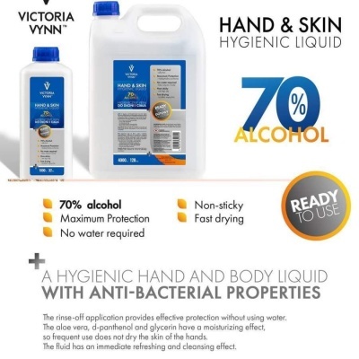 Frascos de líquido higiénico para mãos e pele VICTORIA VYNN com 70% álcool