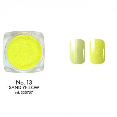 Pó pigmento unhas amarelo areia nº13 no recipiente e amostras nas unhas