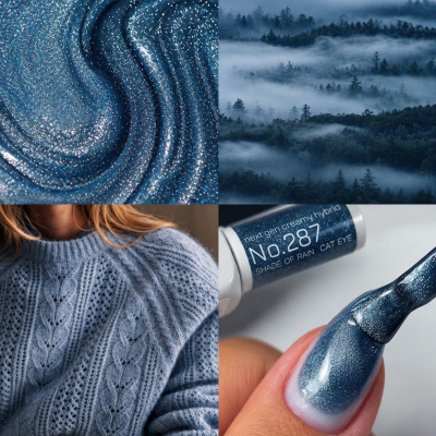 Imagens de esmalte azul metálico, floresta nebulosa, camisola azul e tubo de esmalte com texto.