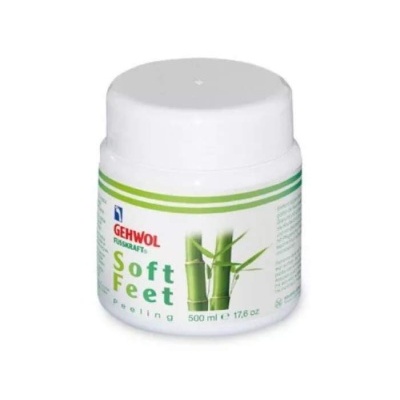 Frasco branco de creme para pés GEHWOL Soft Feet com imagem de bambus no rótulo