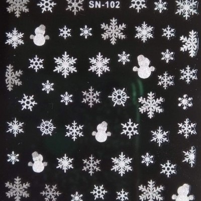 Decalques brancos de flocos de neve e bonecos de neve em fundo preto com código SN-102