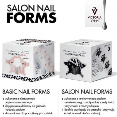 Embalagens de Salon Nail Forms da Victoria Vynn, branca com detalhes em preto e rosa, textos em polaco, imagens de unhas e padrões geométricos.