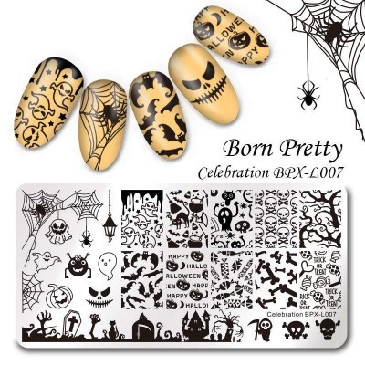 Placas de estampagem para unhas Halloween Born Pretty com vários desenhos temáticos em preto sobre fundo branco.
