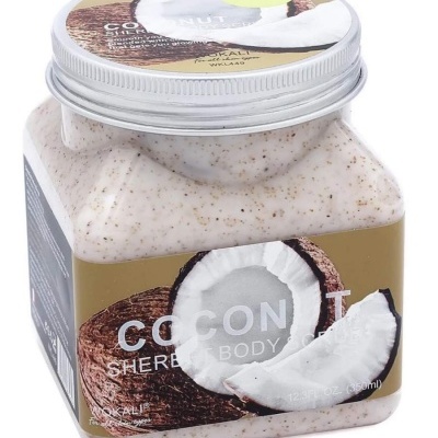 Frasco de creme esfoliante corporal com imagem de coco e tampa metálica.