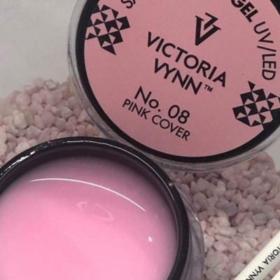 Gel de construção para unhas Victoria Vynn No. 08 Pink Cover com tampa rosa e pincéis brancos.