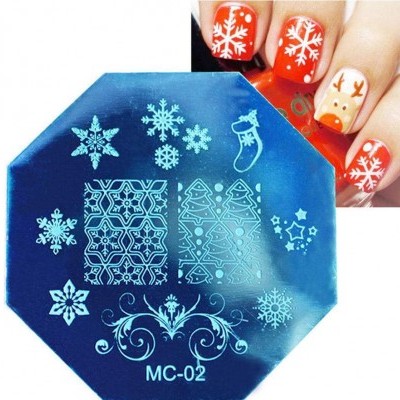 placa metal azul com padrões natalícios para unhas e unhas decoradas