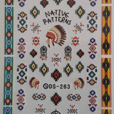 Padrão nativo com penas e motivos geométricos coloridos em fundo branco com texto DS-263