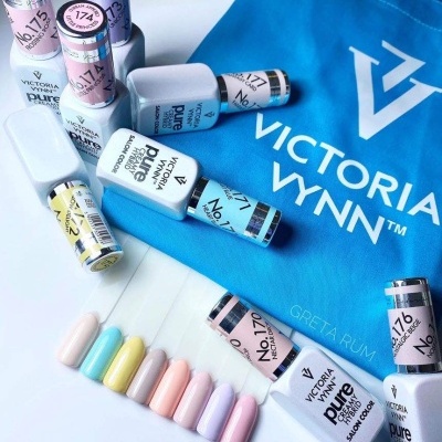 Vernizes de unhas Victoria Wynn com números e amostras de cores pastel num fundo azul.