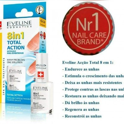 Produto Eveline 8in1 Total Action para unhas, embalagem azul, branca e amarela, selo vermelho com texto