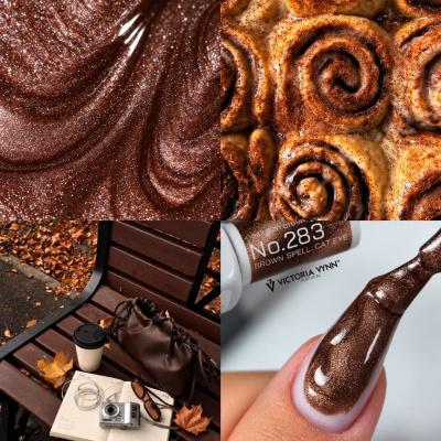 Colagem de textura brilhante castanha, pão com canela, banco de parque com objetos e unha com verniz castanho
