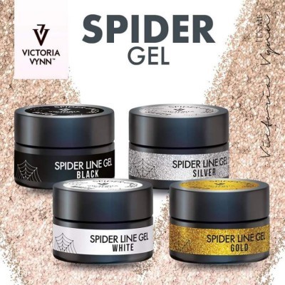 Quatro frascos de gel para unhas Spider Line Gel Victoria Vynn em preto, branco, prateado e dourado