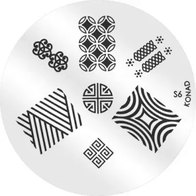 Disco metálico redondo para estampagem de unhas com padrões geométricos e texto 'S6 KONAD'