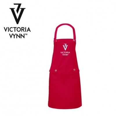 Avental vermelho com logotipo e texto Victoria Vynn