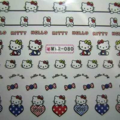 Autocolantes Hello Kitty com personagens, laços, corações e texto Hello Kitty em várias cores e padrões.