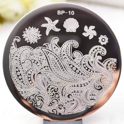 Placa metálica redonda para carimbos com desenhos marinhos e florais