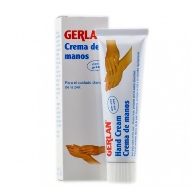 Creme para mãos GERLAN em tubo branco com caixa correspondente.