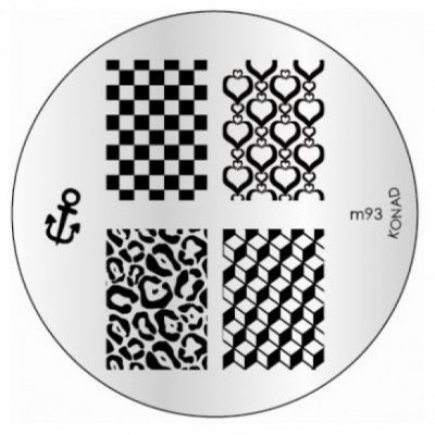 Disco metálico para nail art com quatro padrões preto e branco e texto m93 KONAD