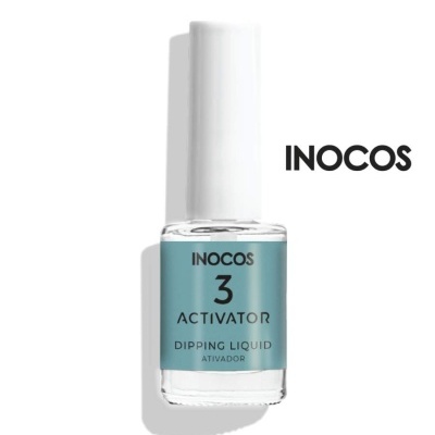 Frasco de ativador líquido para unhas INOCOS com rótulo azul e tampa branca