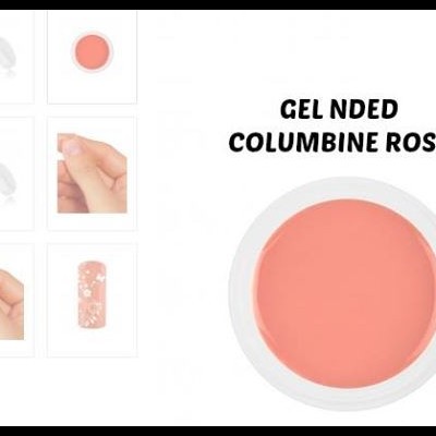 Pote com gel rosa Coral Columbine Rose e unhas decoradas