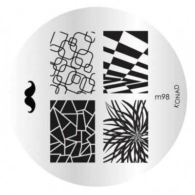 Placa metálica redonda para carimbos de unhas com 4 desenhos geométricos em preto e branco e texto Konad m98