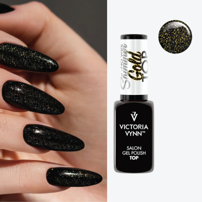 Frasco de esmalte gel preto com glitter dourado Victoria Vynn e unhas pintadas com o mesmo esmalte.