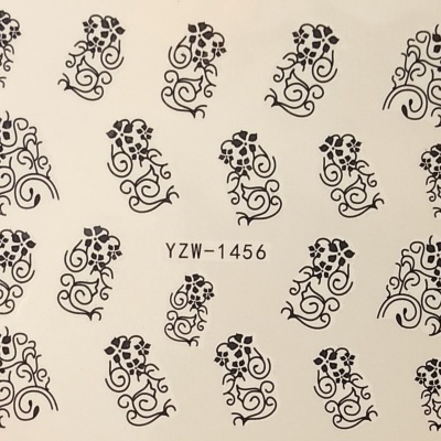 Folha com decalcomanias florais pretas e código YZW-1456