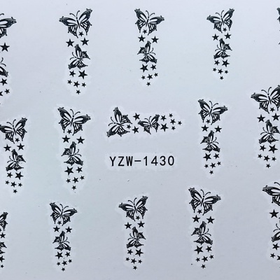 Folha branca com decalques pretos de borboletas e estrelas para unhas com código YZW-1430.