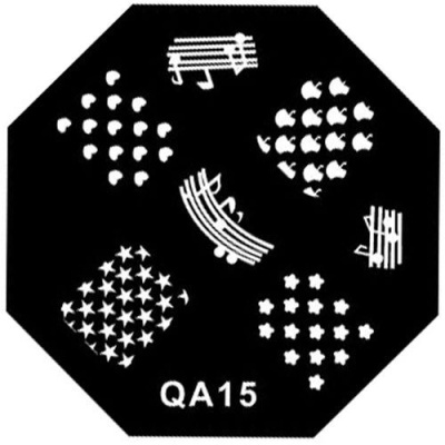 Prato metálico preto octogonal para estampagem de unhas com padrões musicais e geométricos brancos.
