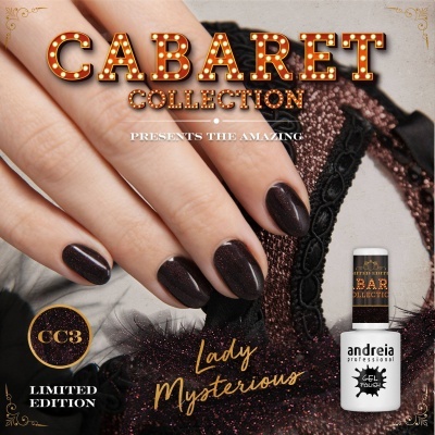 Verniz gel preto brilhante Andreia Professional Cabaret Collection Lady Mysterious com unhas pintadas e penas pretas