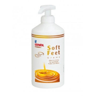 Frasco de creme para pés branco com válvula pump e rótulo amarelo e laranja