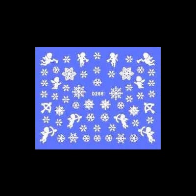 Folha azul com decalques brancos de anjos e flocos de neve