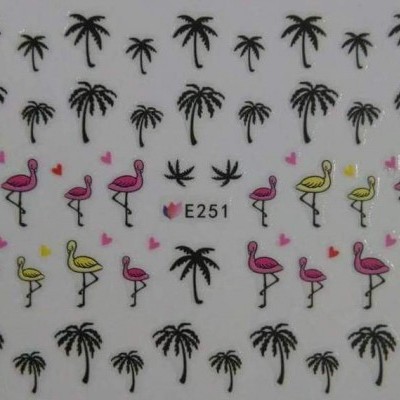 Autocolantes para unhas com desenhos de palmeiras, flamingos e corações.
