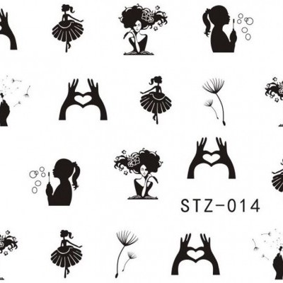 Desenhos em preto de mãos em forma de coração, meninas, bolhas, sementes de dente-de-leão e código STZ-014 em fundo branco